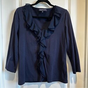 Jones New York ruffled Navy stretch T-shirt blouse 3/4 sleeve.